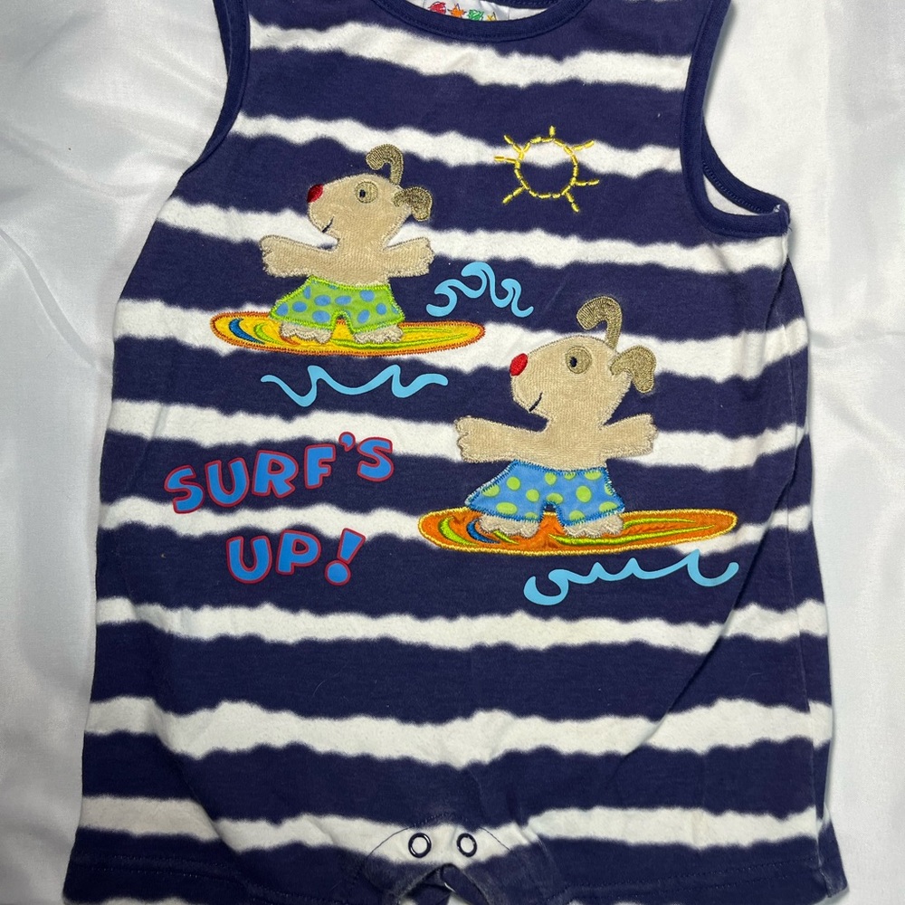 Vintage Miniwear Romper Toddler 24M Blue Surf’s Up Dogs Sleeveless Beach